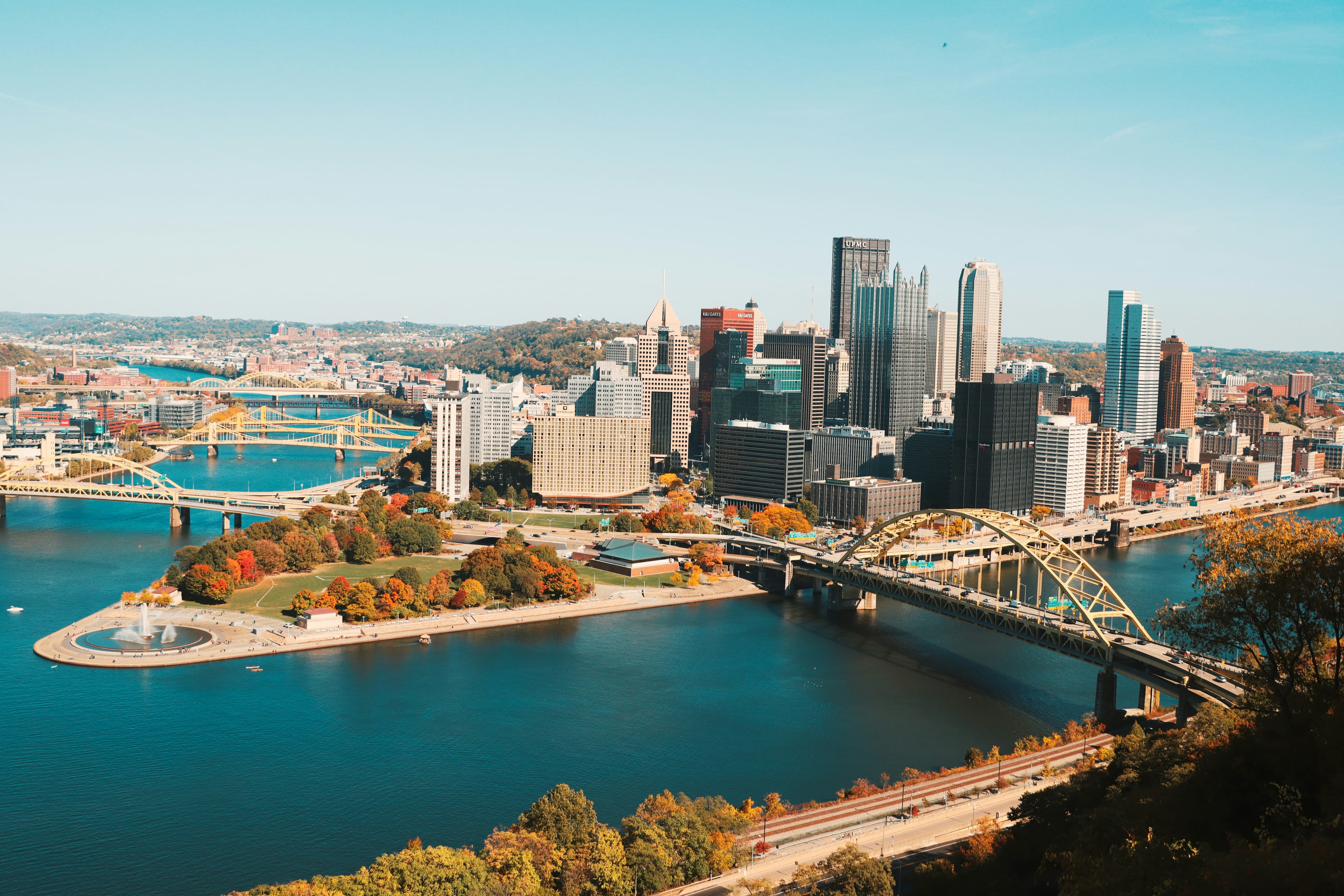 Pittsburgh skyline with bridges and rivers at the confluence